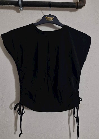 siyah kadın yandan bağlamalı tişört crop - Görsel 7