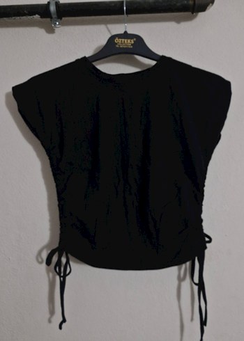 siyah kadın yandan bağlamalı tişört crop - Görsel 5