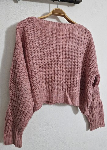 Pembe Örgü V Yaka Bol Kesim Mini Hırka - Görsel 4