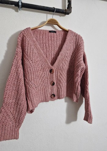 Pembe Örgü V Yaka Bol Kesim Mini Hırka - Görsel 2