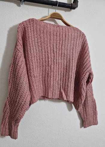 Pembe Örgü V Yaka Bol Kesim Mini Hırka - Görsel 5