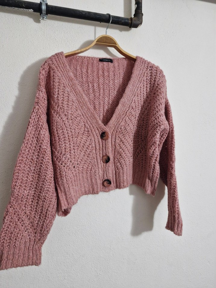 Pembe Örgü V Yaka Bol Kesim Mini Hırka - Görsel 2