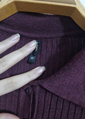 Bordo Düğmeli Polo Yaka Triko Kazak - Görsel 4