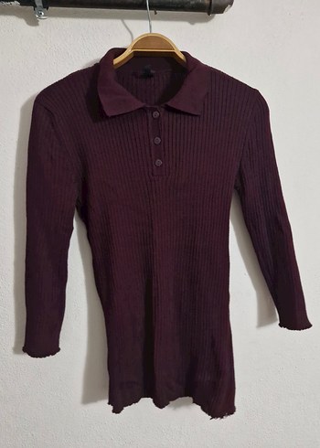 Bordo Düğmeli Polo Yaka Triko Kazak - Görsel 2