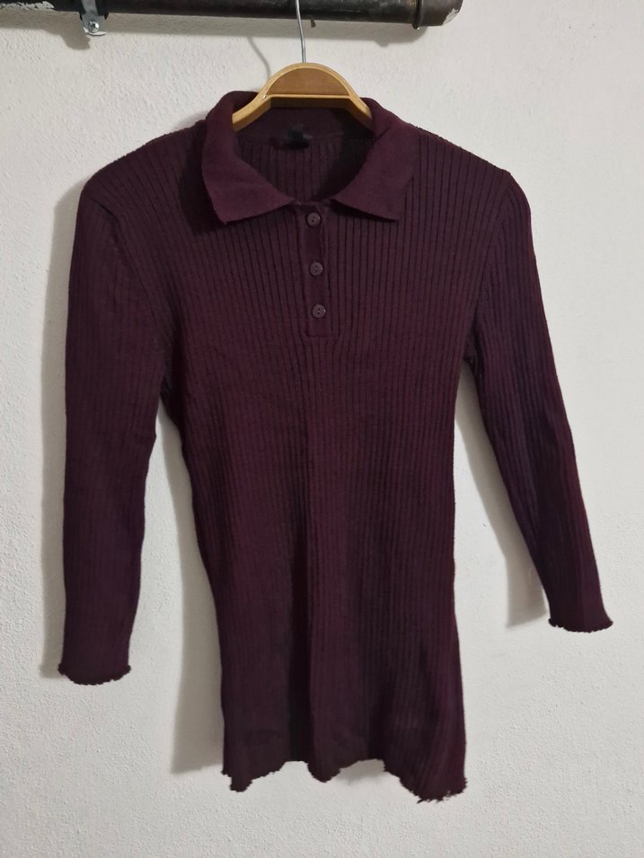 Bordo Düğmeli Polo Yaka Triko Kazak - Görsel 2