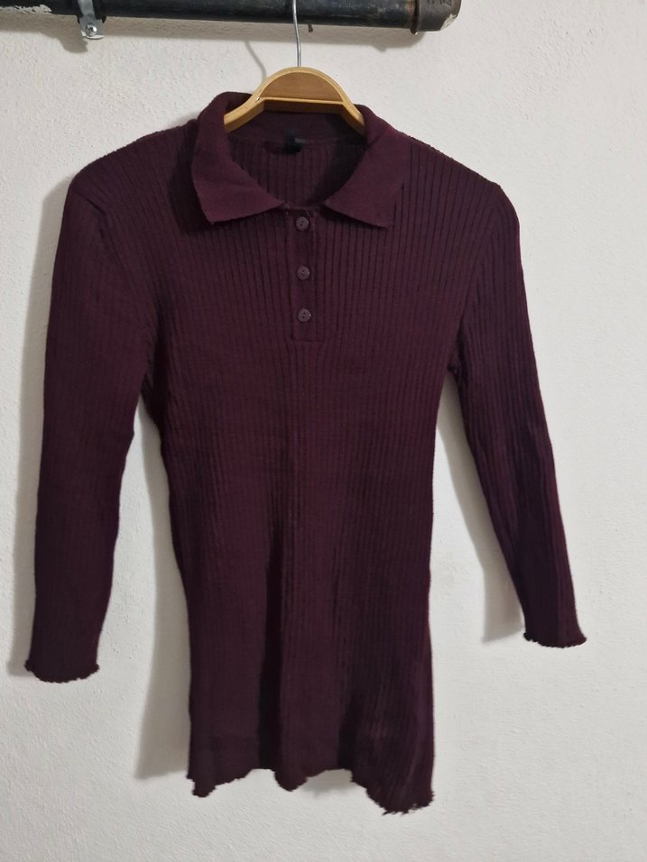 Bordo Düğmeli Polo Yaka Triko Kazak - Görsel 3