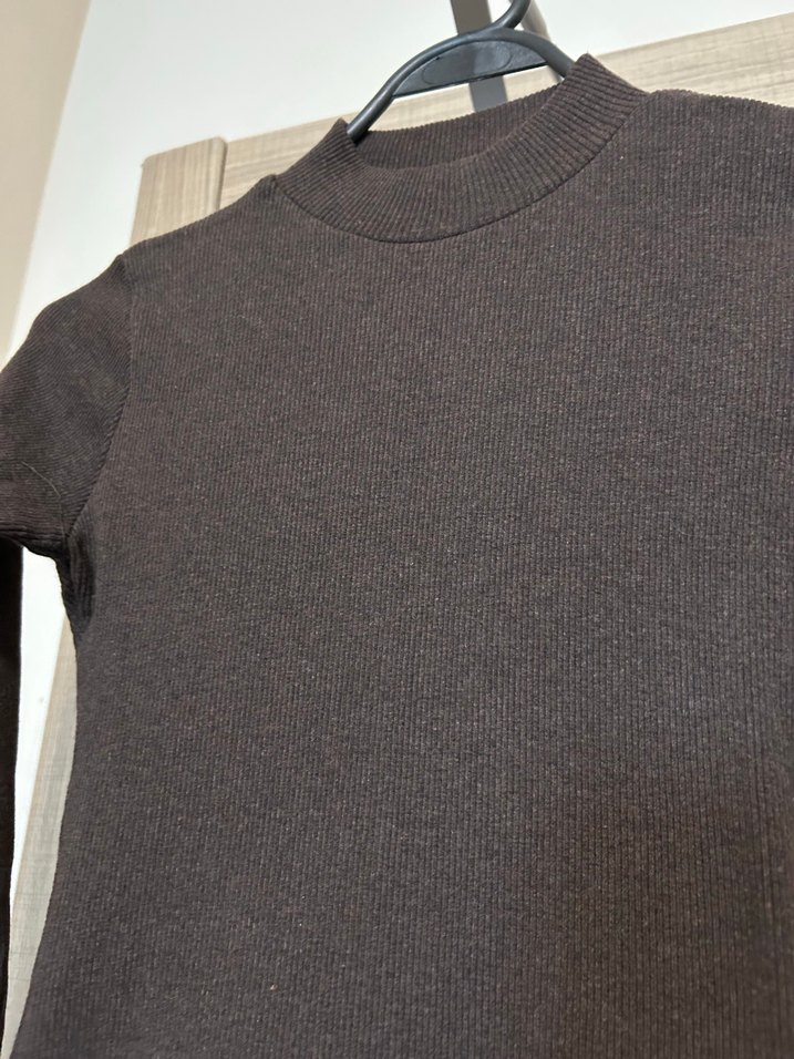 Kahverengi  Yüksek Yakalı Uzun Kollu Elbise - Görsel 3