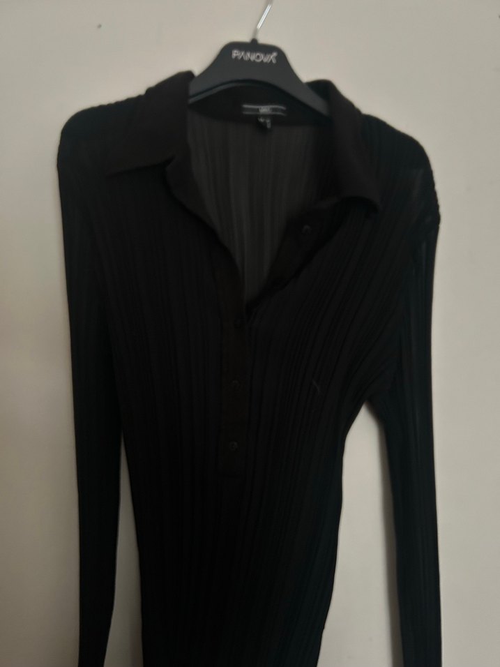 Uzun Kollu Siyah Pilili V Yaka transparan Gömlek - Görsel 2