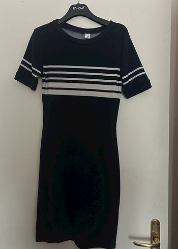 Çizgili Siyah Midi Kadın Elbise - Görsel 2