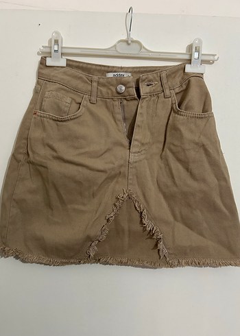 Düğmeli Bej Mini Kot Etek - Görsel 2