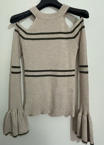 Kadın Bej Çizgili Yüksek Yakalı Triko Kazak - Görsel 2