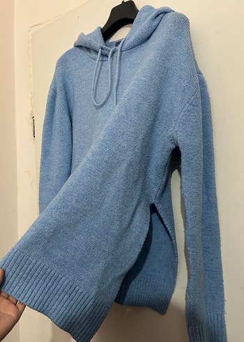 Mavi Kapüşonlu Örgü Kadın Sweatshirt - Görsel 2