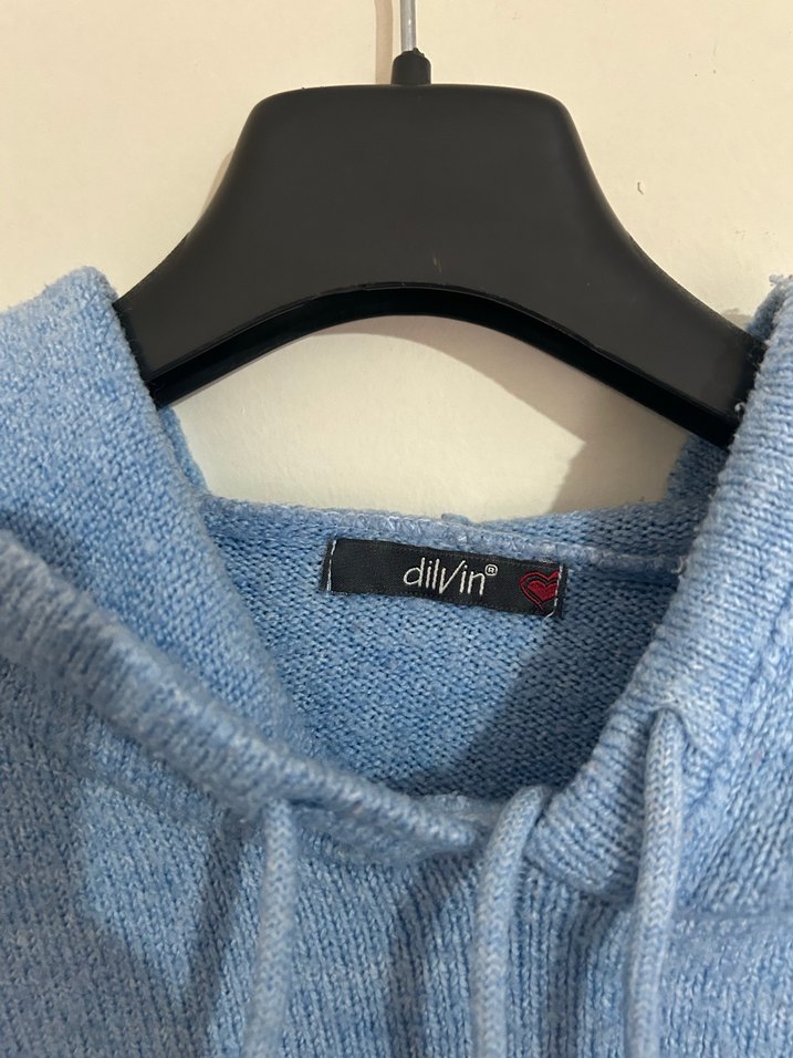 Mavi Kapüşonlu Örgü Kadın Sweatshirt - Görsel 3