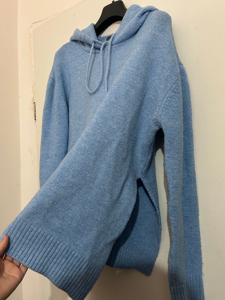 Mavi Kapüşonlu Örgü Kadın Sweatshirt - Görsel 2