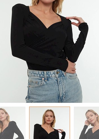 Uzun Kollu Siyah Drapeli V Yaka Bluz - Görsel 4
