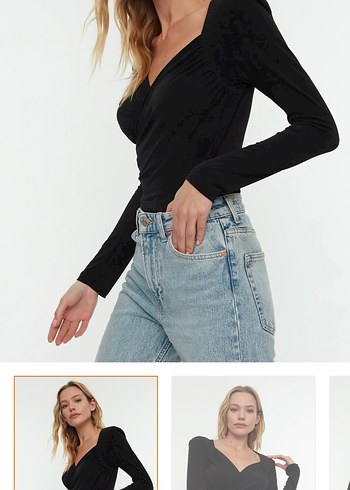 Uzun Kollu Siyah Drapeli V Yaka Bluz - Görsel 3