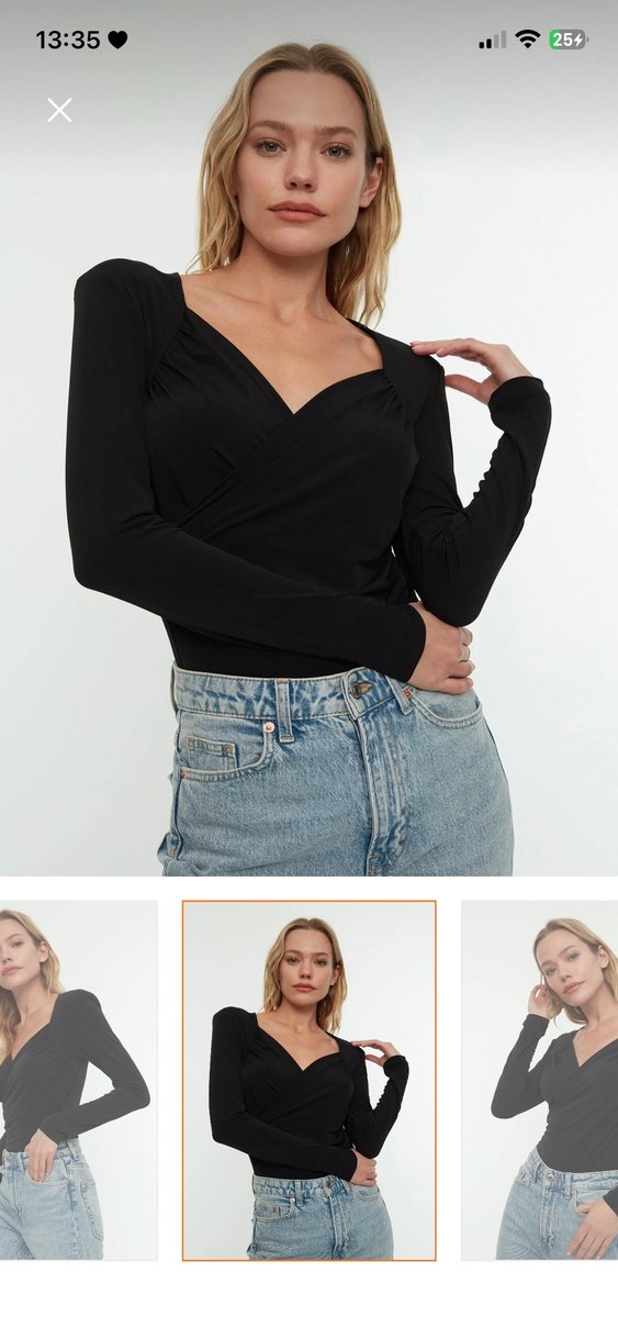 Uzun Kollu Siyah Drapeli V Yaka Bluz - Görsel 4
