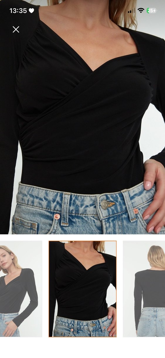 Uzun Kollu Siyah Drapeli V Yaka Bluz - Görsel 5