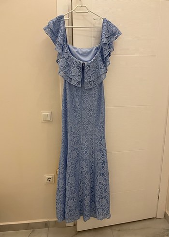 Dantel Detaylı Straplez Uzun Mavi Abiye Elbise - Görsel 5