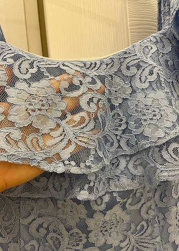 Dantel Detaylı Straplez Uzun Mavi Abiye Elbise - Görsel 4