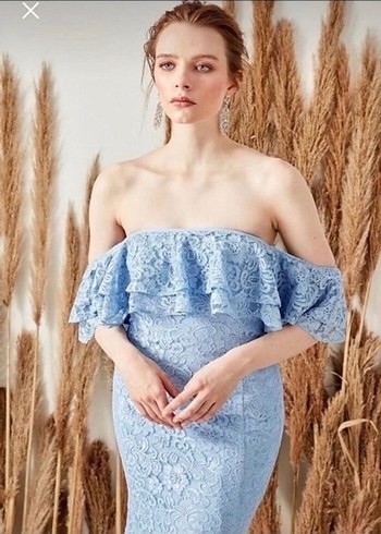 Dantel Detaylı Straplez Uzun Mavi Abiye Elbise - Görsel 6