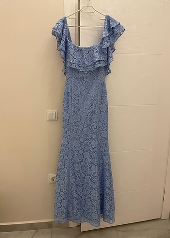 Dantel Detaylı Straplez Uzun Mavi Abiye Elbise - Görsel 2