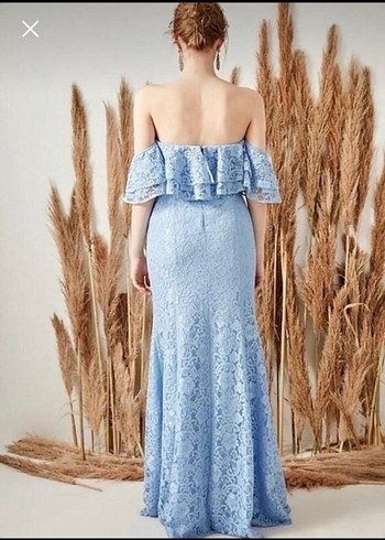 Dantel Detaylı Straplez Uzun Mavi Abiye Elbise - Görsel 7