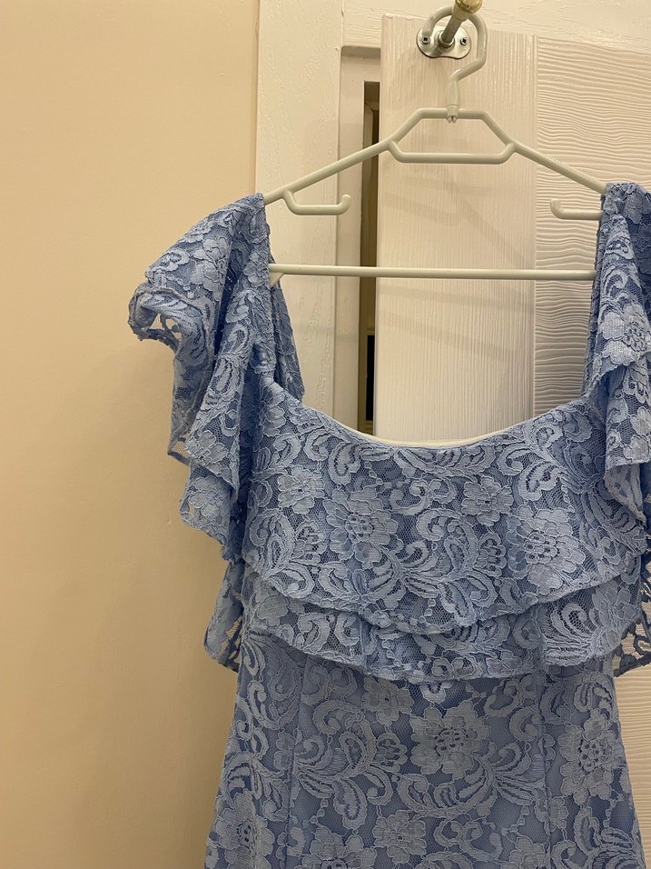 Dantel Detaylı Straplez Uzun Mavi Abiye Elbise - Görsel 3