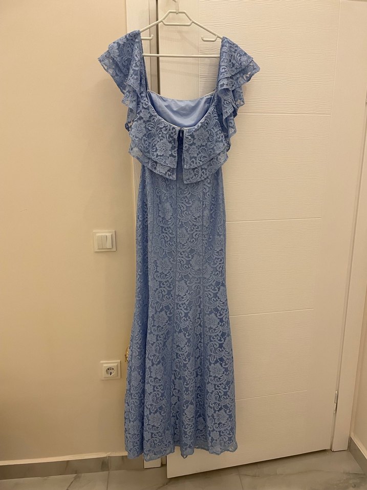Dantel Detaylı Straplez Uzun Mavi Abiye Elbise - Görsel 5