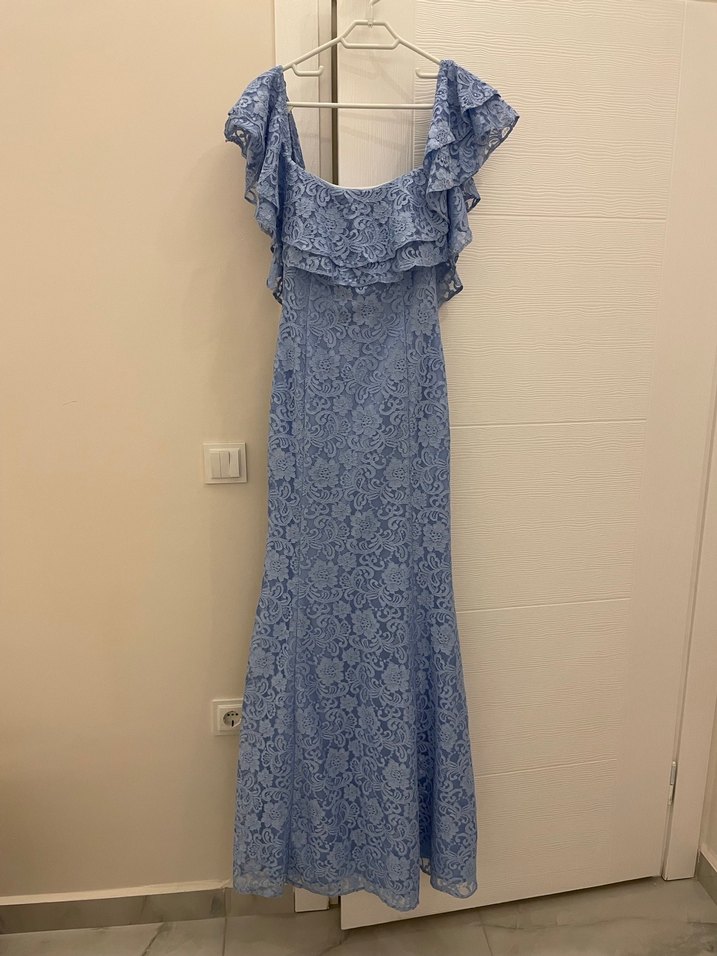Dantel Detaylı Straplez Uzun Mavi Abiye Elbise - Görsel 2
