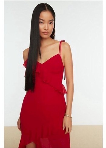 Kırmızı Fırfırlı Uzun Askılı Elbise - Görsel 5