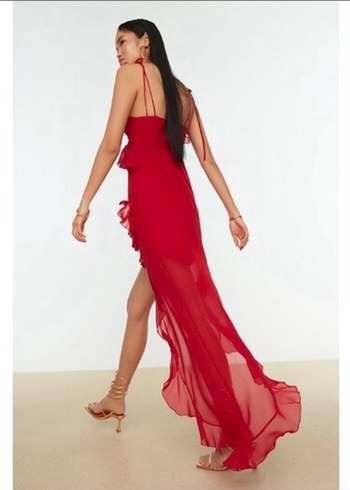 Kırmızı Fırfırlı Uzun Askılı Elbise - Görsel 6