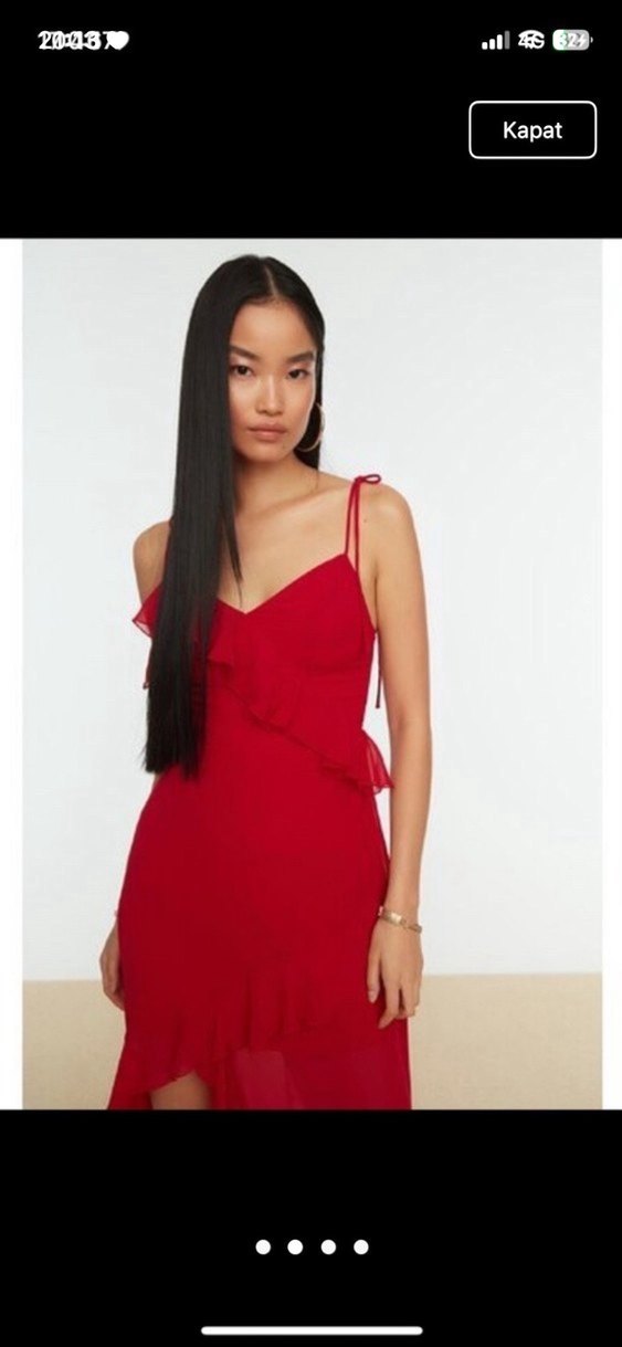 Kırmızı Fırfırlı Uzun Askılı Elbise - Görsel 5