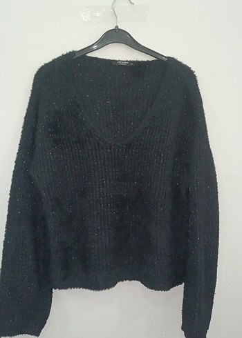 Siyah Kadın Yünlü Kısa Kollu Triko v yaka - Görsel 4