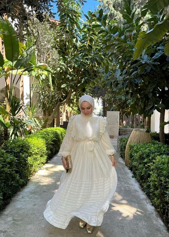 Pamuklu Bohem Etnik Desenli Uzun Beyaz Elbise - Görsel 2