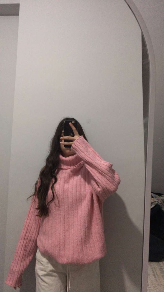 Pembe Boğazlı Triko Kadın Kazak - Görsel 2