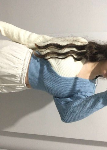 V Yaka Uzun Kollu Mavi Triko Kazak - Görsel 2