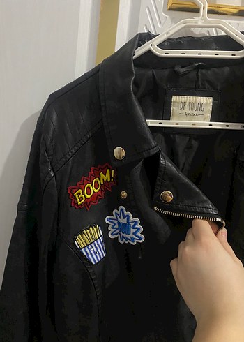 Düğmeli Siyah Biker Deri Ceket - Görsel 2