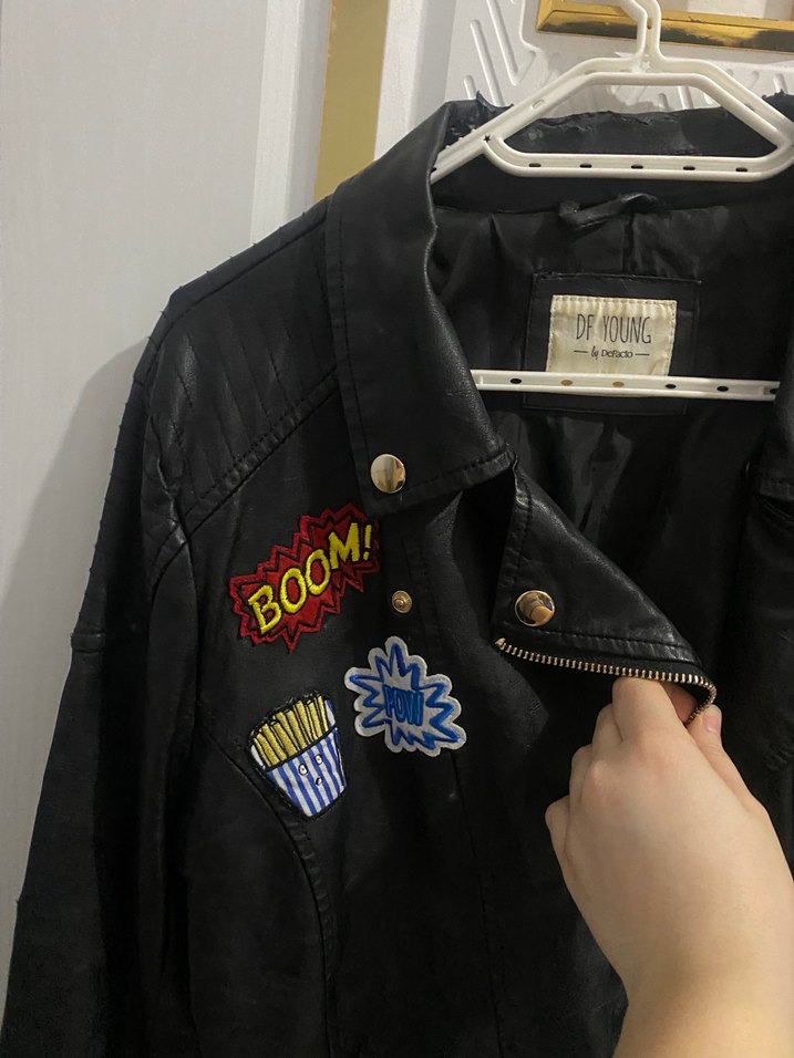 Düğmeli Siyah Biker Deri Ceket - Görsel 2