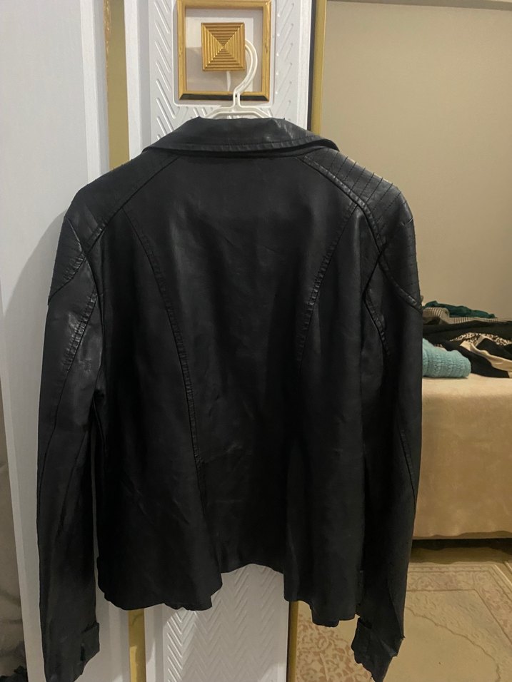 Düğmeli Siyah Biker Deri Ceket - Görsel 4