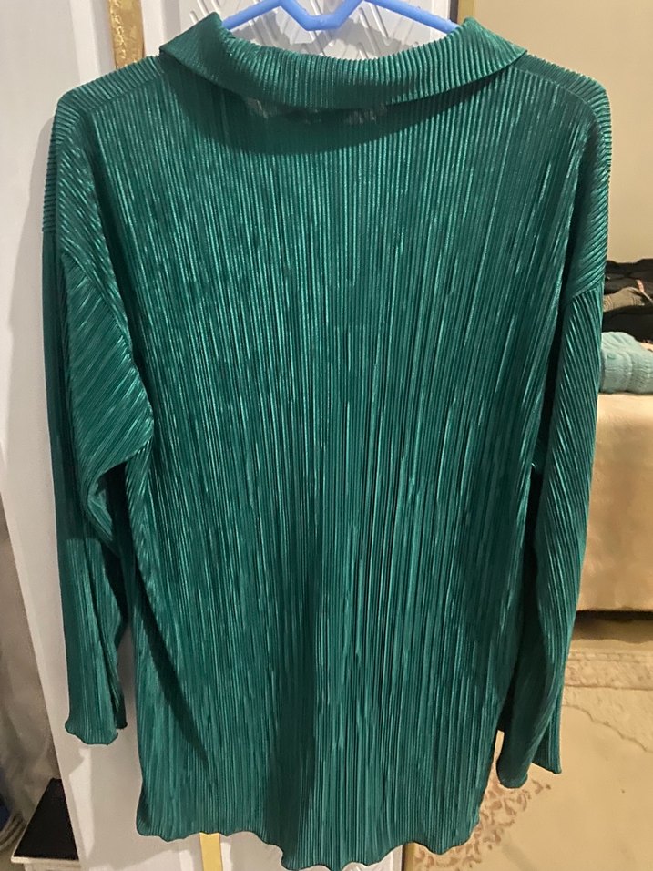 Yeşil Pilili Uzun Kollu Kadın Gömlek - Görsel 3