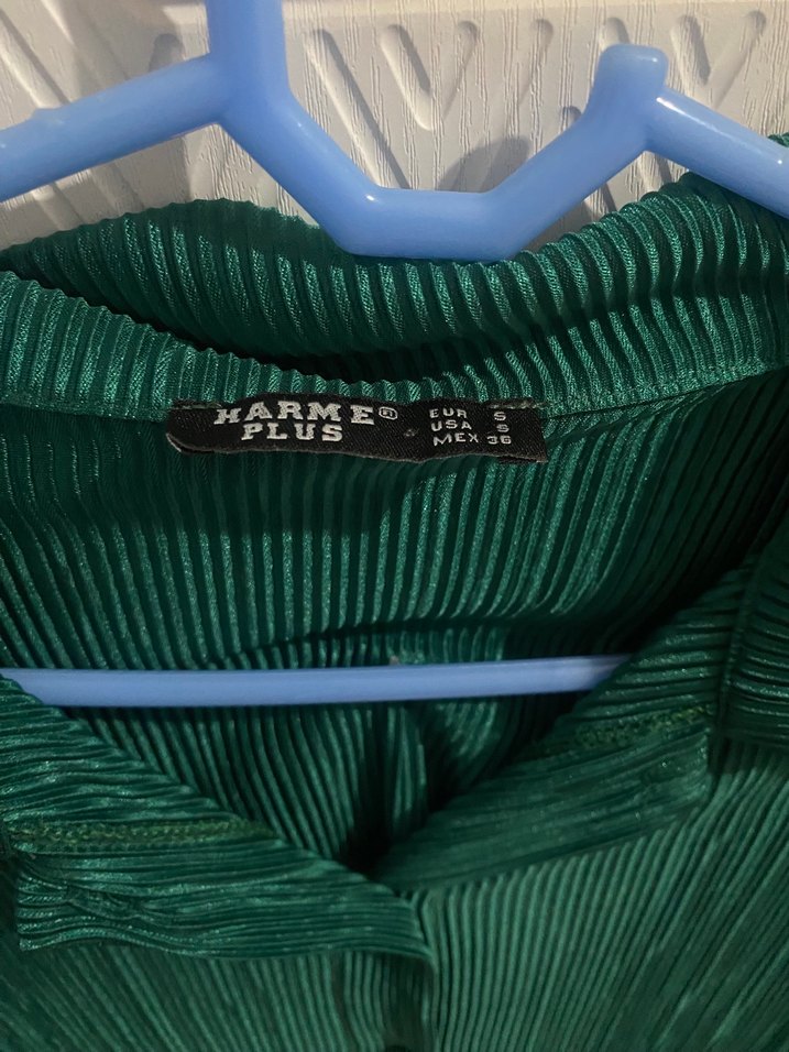 Yeşil Pilili Uzun Kollu Kadın Gömlek - Görsel 2