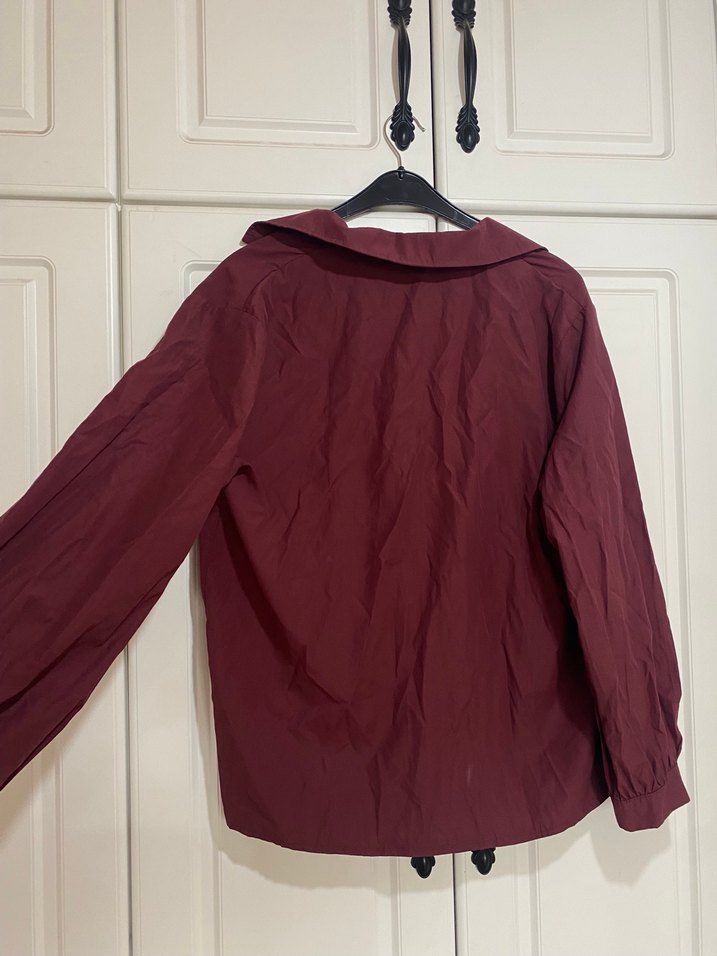 Bordo Düğmeli Keten Gömlek - Görsel 3