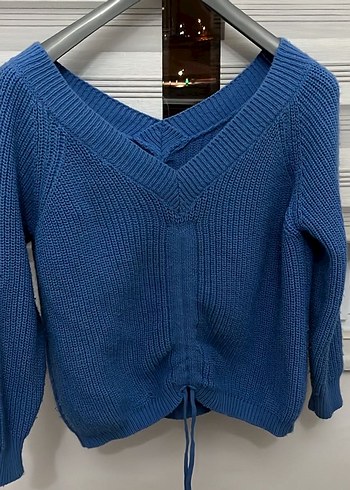 V Yaka Mavi Örgü Kadın Kazak - Görsel 2