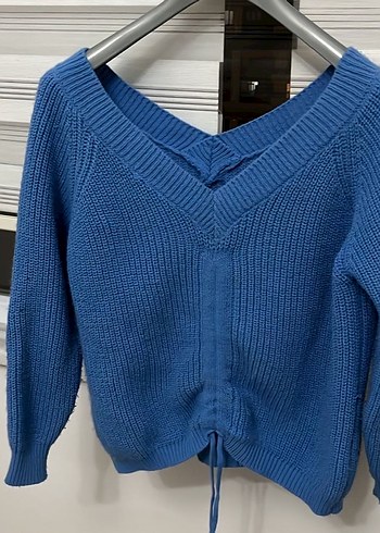 V Yaka Mavi Örgü Kadın Kazak - Görsel 3