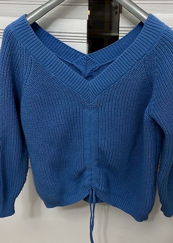 V Yaka Mavi Örgü Kadın Kazak - Görsel 4