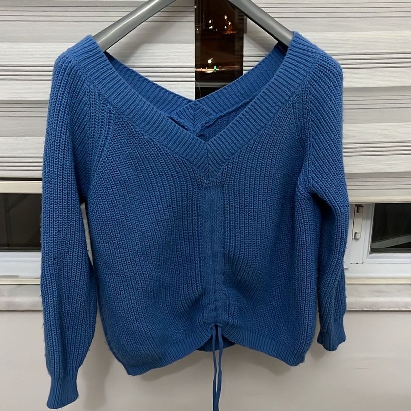 V Yaka Mavi Örgü Kadın Kazak - Görsel 2