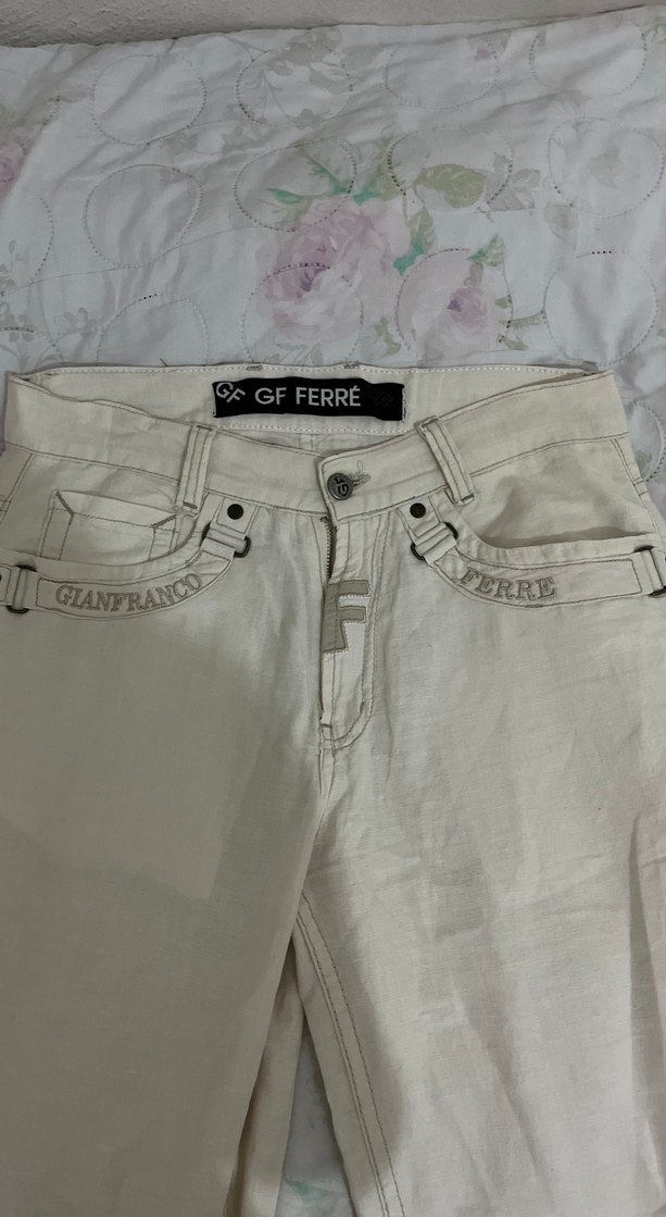 Kadın Beyaz Midi Keten Rahat Kesim Pantolon - Görsel 3