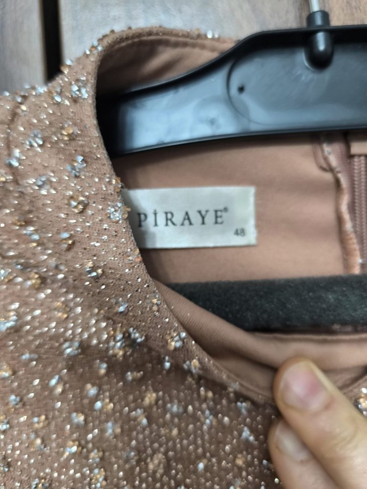 Bej Uzun Kollu Drapeli Abiye Elbise - Görsel 3