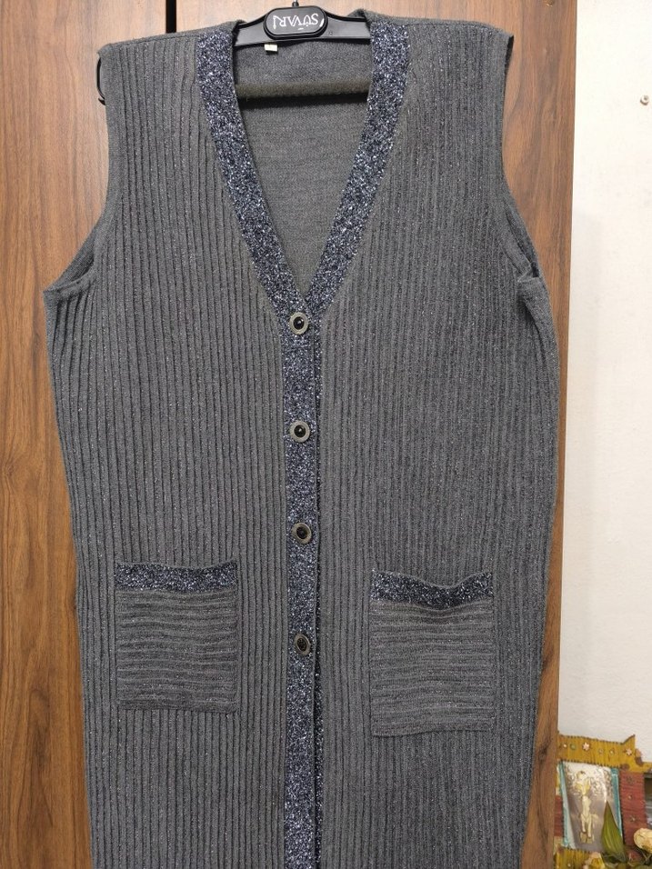 Gri Triko Uzun Kadın Yelek - Görsel 2